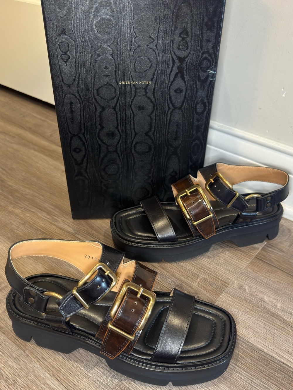 Dries Van Noten Buckle Black Brown Leather Dual Strap Platform Sandals
